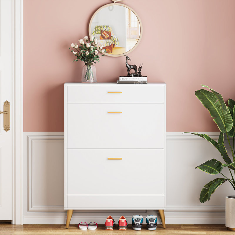 16 Pair Shoe Storage Cabinet, White/Gold