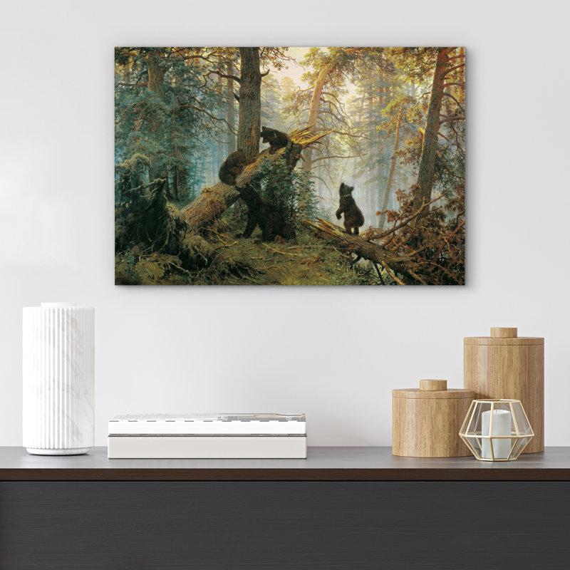 Morning in Pine Forest Canvas Art with Black Bears