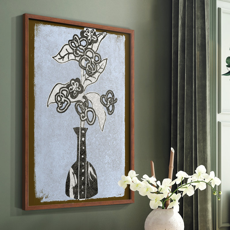 Fleurs graphiques dans un vase III, reproduction encadrée - bois massif, Brun, H 20 po x l 16 po