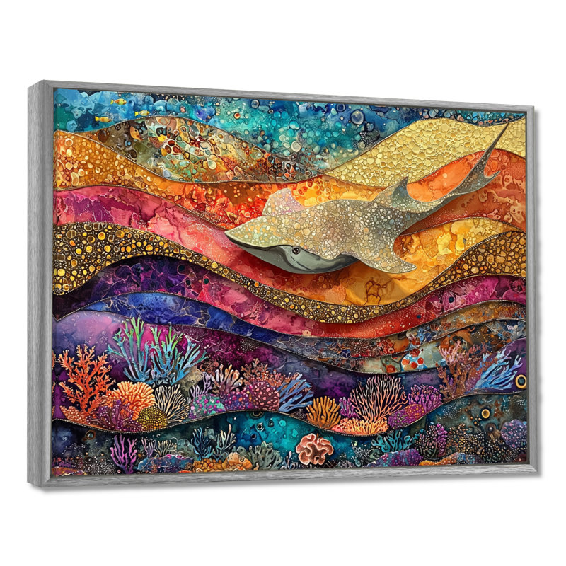 Stingray abstrait dans un aquarium, collages colorés I - art mural Stingray, H 12 po x l 20 po, Impression encadrée flottante