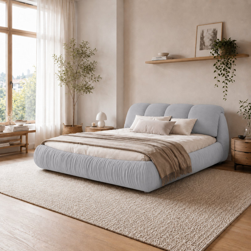 Lit plateforme tapissier moderne en polyester avec pieds en bois massif, gris, King