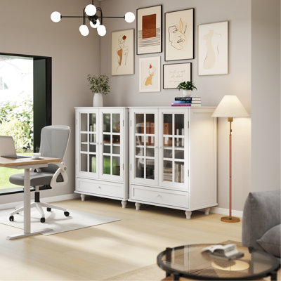 Armoire de rangement minimaliste avec portes doubles en verre, 1 tiroir et tablette réglable