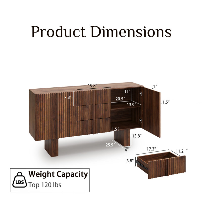 63'' Buffet Cabinet with Fluted Doors Kitchen Storage Sideboard, Walnut