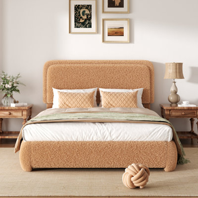 Boucle Upholstered Platform Bed Frame with Adjustable Headboard & Soft Rounded Corners
