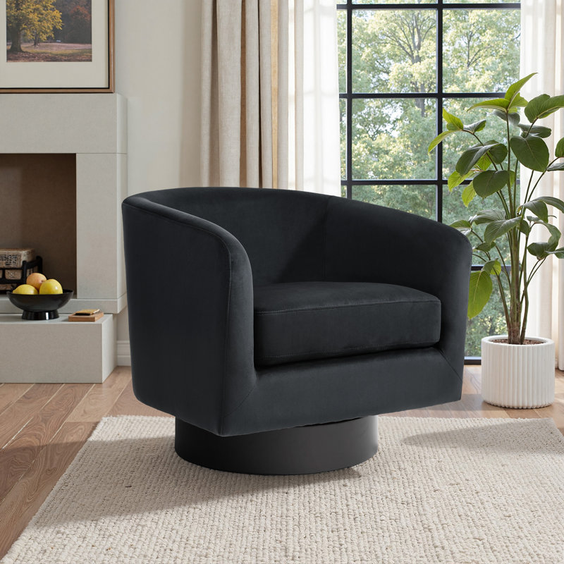 Everett Applewold Upholstered Black Velvet Swivel Barrel Chair with Solid Wood Base, Black