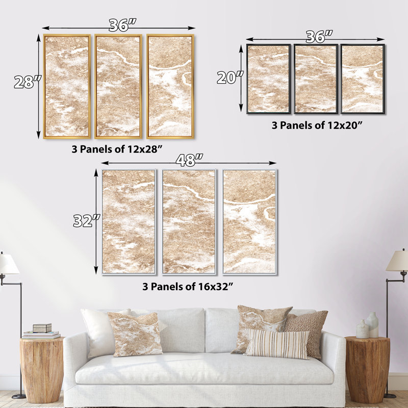 Gold Marble Art on White - 3 pièces, reproduction sur toile flottante, H 28 po x l 36 po x P 1 po, Cadre noir