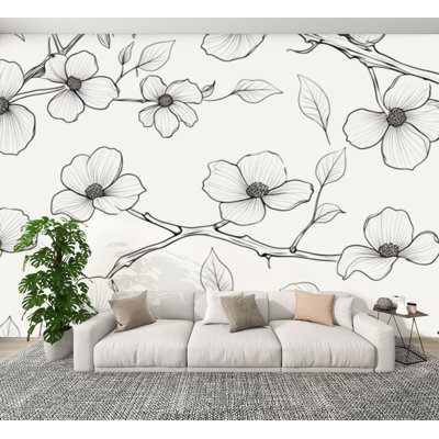 Papier peint auto-adhésif à motif de cornouiller à motif floral noir et blanc H 100 po x l 144 po amovible et autocollant, papier peint adhésif mural pour chambre à coucher, bureau à domicile