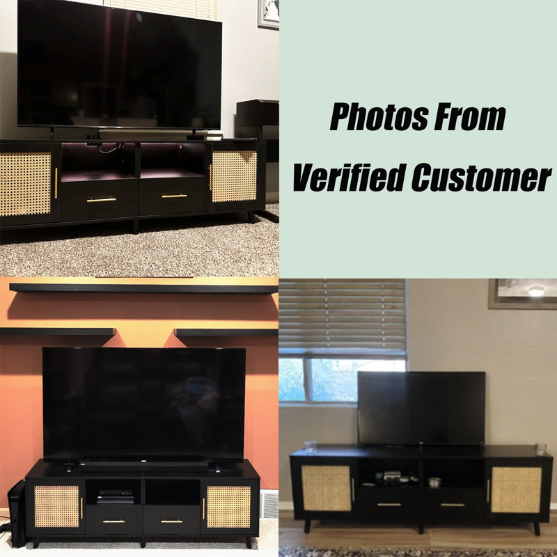 Black Wood and Rattan TV Stand with RGB Lights