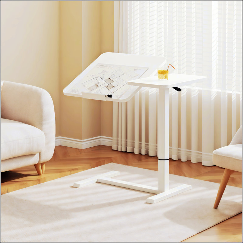 Adjustable Overbed Table With Wheels, Ergonomic Tilting Laptop Stand For Bed And Sofa, Height Adjustable Mobile Desk, White