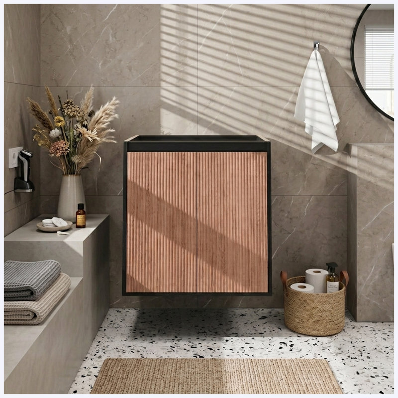 Meuble sous-vasque de salle de bain moderne de 24 po seulement, autoportant ou mural, portes doubles à fermeture douce et étagère réglable, pieds en aluminium, noyer et noir (sans lavabo)