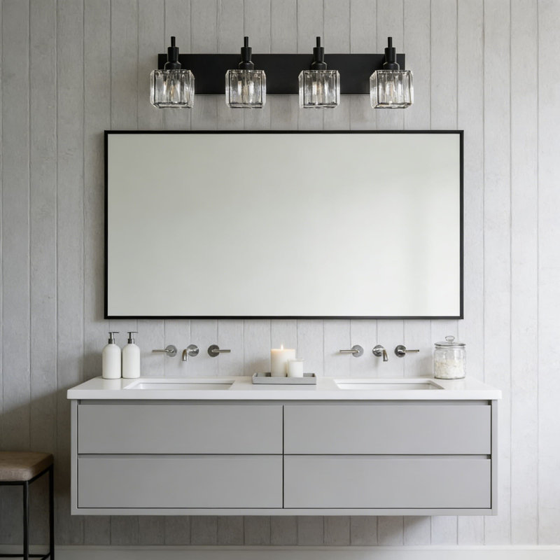 Luminaire de salle de bain moderne en cristal noir avec abat-jour carré, applique murale à 4 lumières pour miroir, conception anti-corrosion et résistante à l'humidité