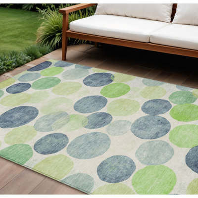 10' X 14' Navy Blue Lime Green And Ivory Geometric Washable Indoor Outdoor Area Rug