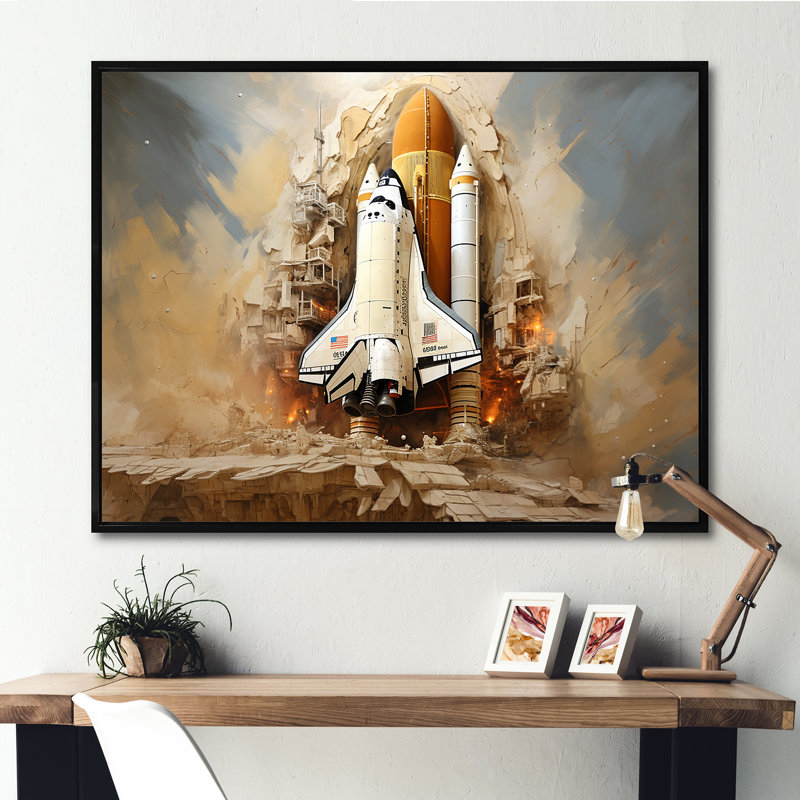 «Abstract Navette spatiale» sur toile, H 30 po x l 40 po x P 1,5 po, Cadre flottant noir