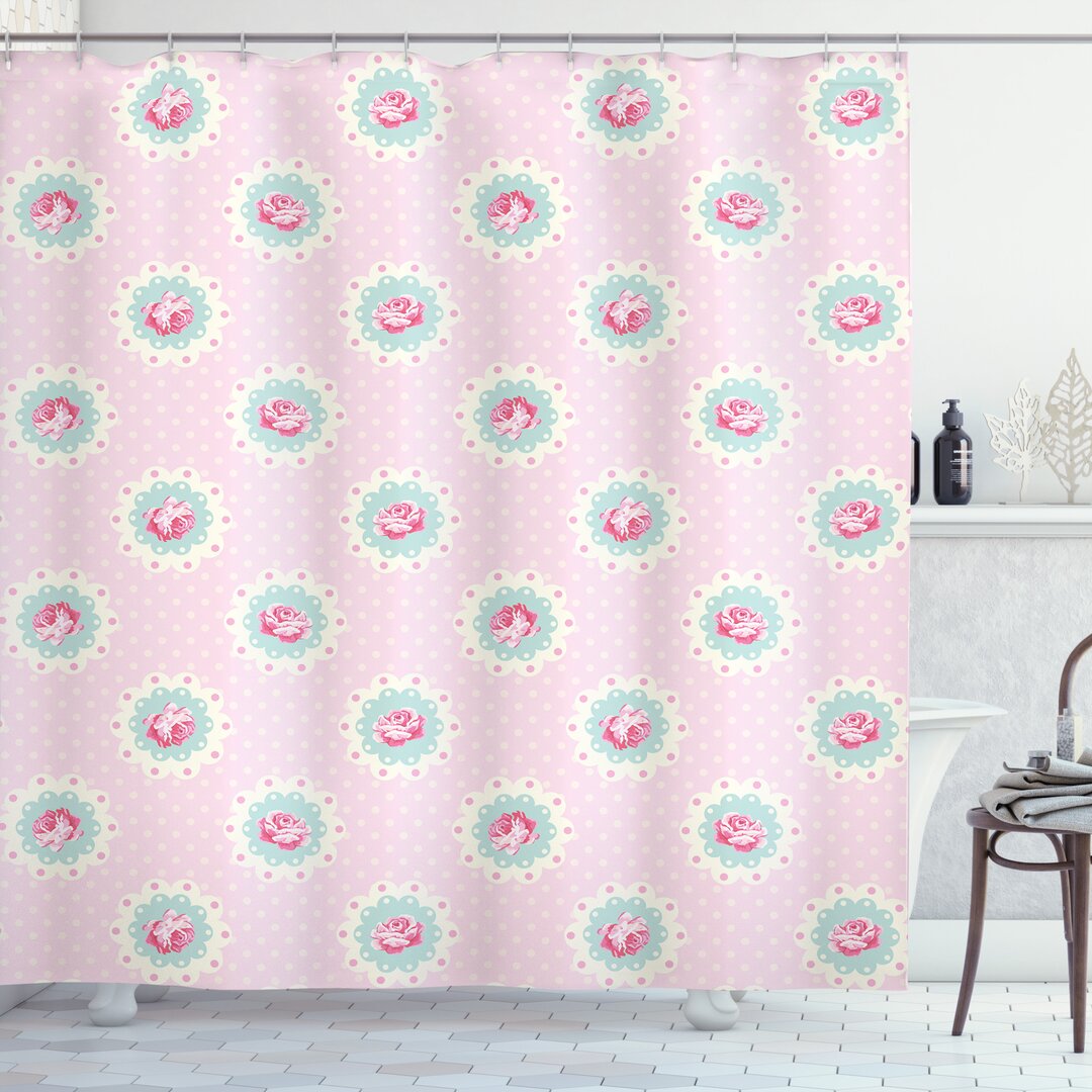 Duschvorhang, Retro Floral Cabin, Vintage, Seafoam Weiß Rosa