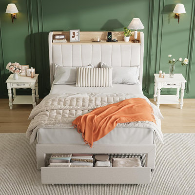 Full Wooden Bed Frame with Storage Headboard, Charging Station, Metal Slats & Drawers, Beige