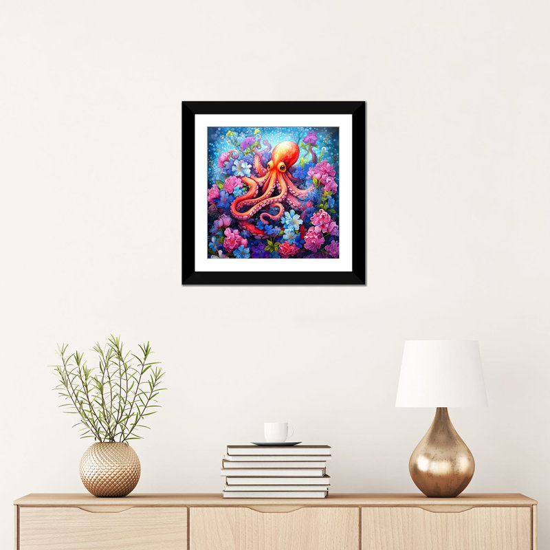 Octopus Garden, Black Open Corner Frame Paper, 16" H x 16" W x 1" D