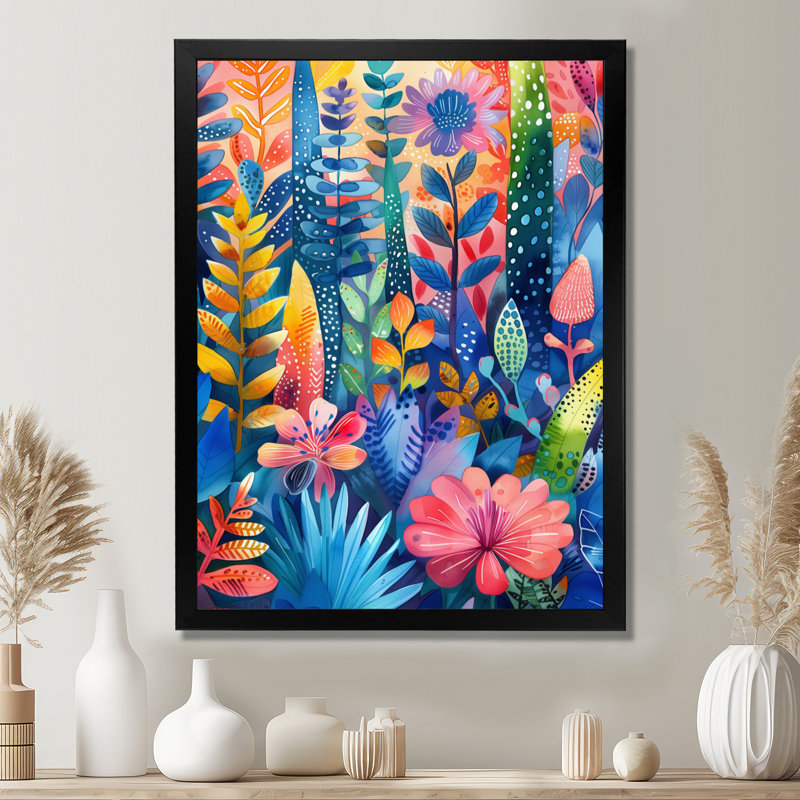«Blue Pink Palms Desert Paradise III», impression d'art mural palmiers et palmiers, Cadre flottant doré, H 30 po x l 40 po