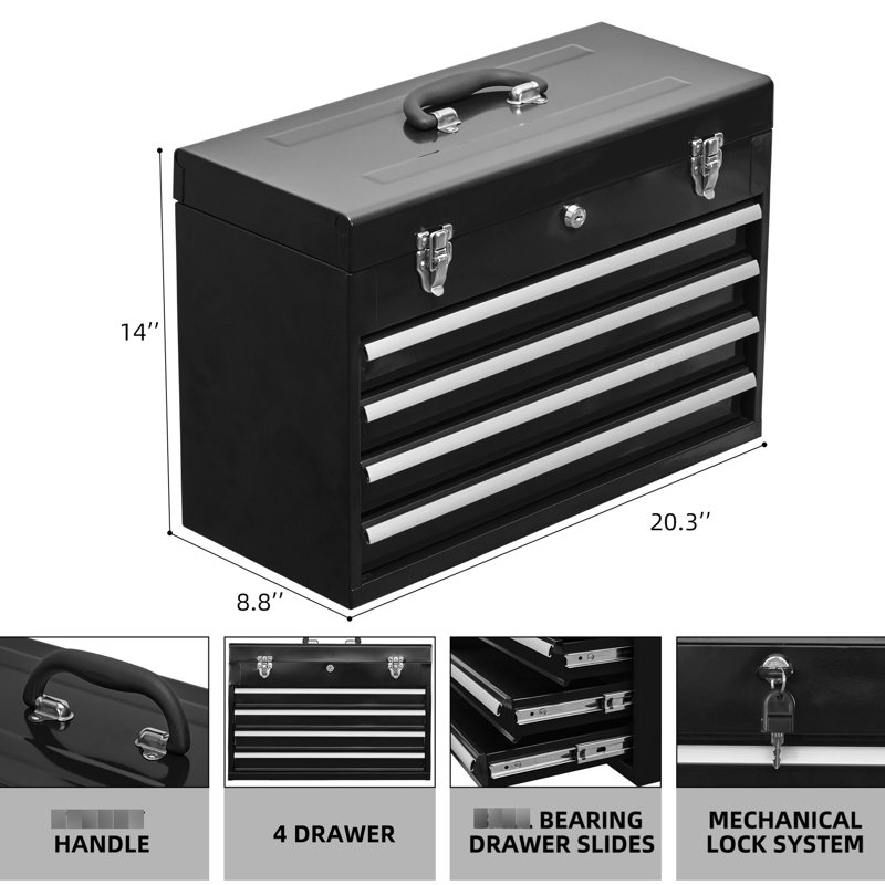 Boîte à outils 4 en acier portable - pour organisation de garage Commode en métal noir avec 4 tiroirs coulissants