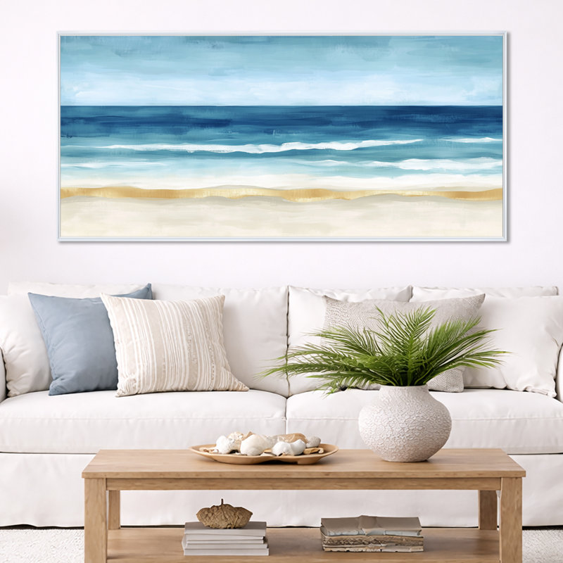 Toile bleu or bleu, art mural vague bleue tropicale, ondulations de plage tropicale bleu or, 28" H x 60" W