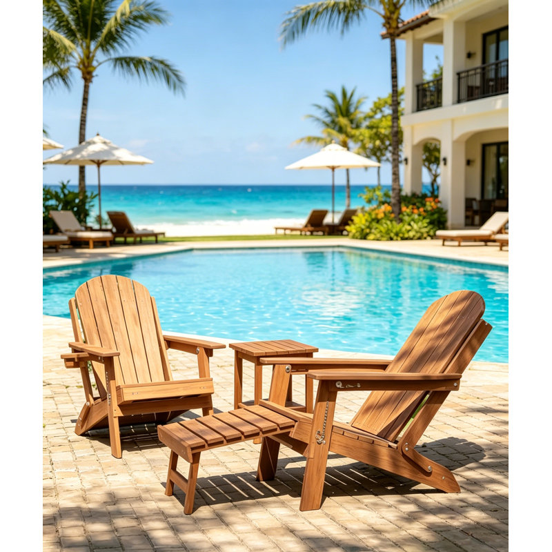 All Weather Outdoor Folding Adirondack Chairs With Ottoman And Adjustable Backrest & 1 Cup Holders, Brown