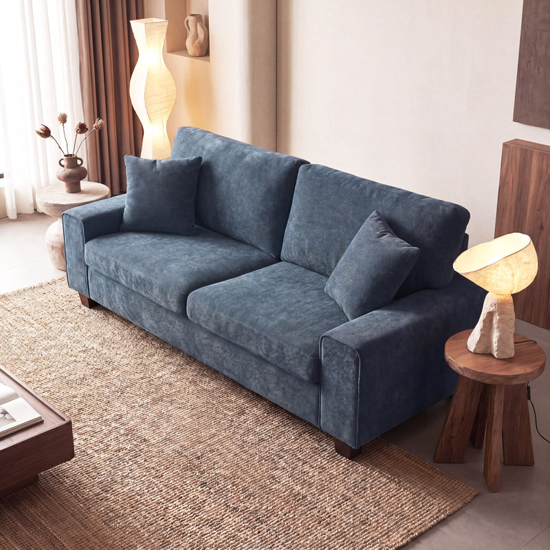 Karlita 3-Seater 89'' Modern Upholstered Sofa with Square Armrests and 2 Throw Pillows, Blue