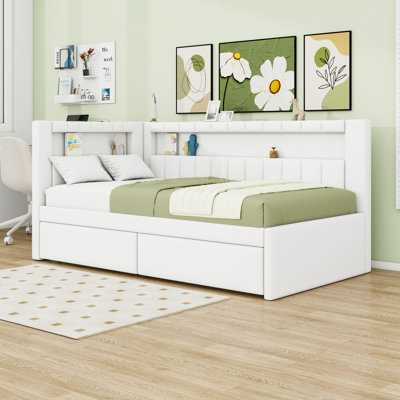 Twin Wooden Upholstered Daybed Bed with Storage Drawers, LED Lights and USB Ports by Xiao Hailuo