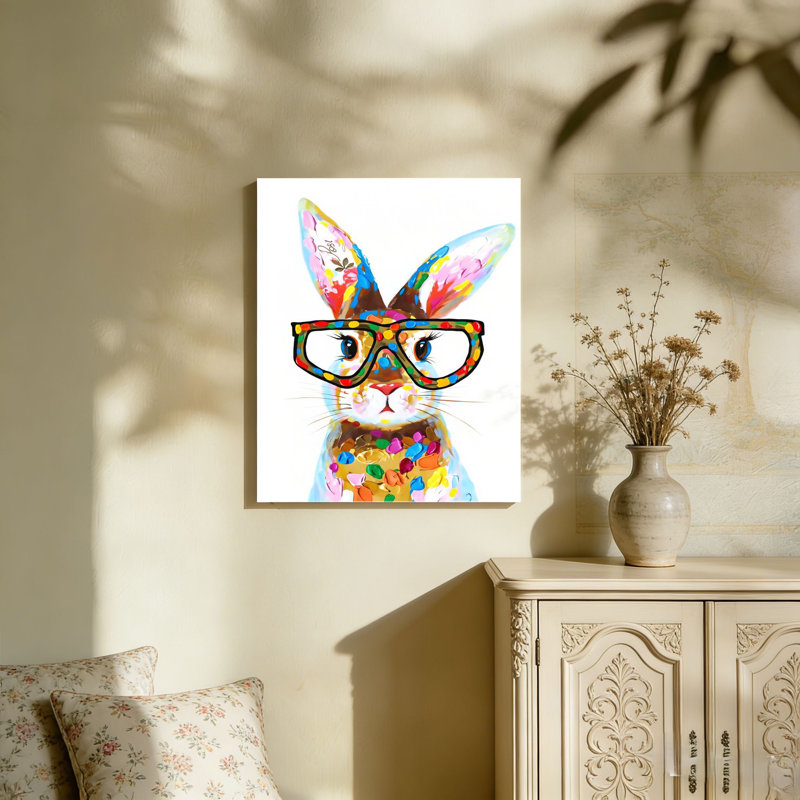 Lapin coloré fantaisiste avec lunettes, art mural non encadré, L 36 po x l 24 po