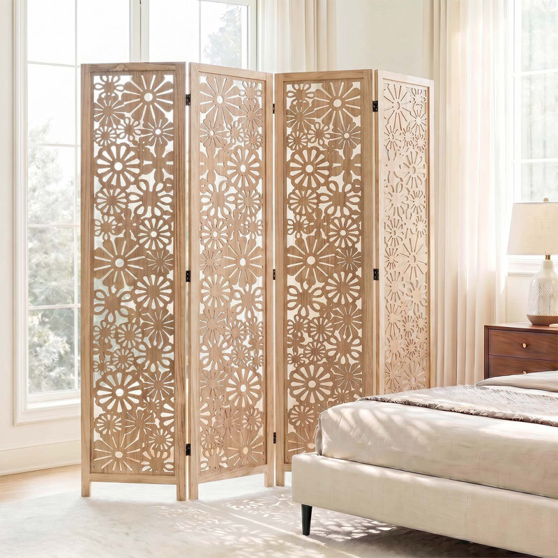Cloison pliante 67 po Floral, 4, Natural Wood