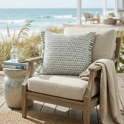 Alverta Coastal Striped Fringed Woven Outdoor Throw Pillow Cover