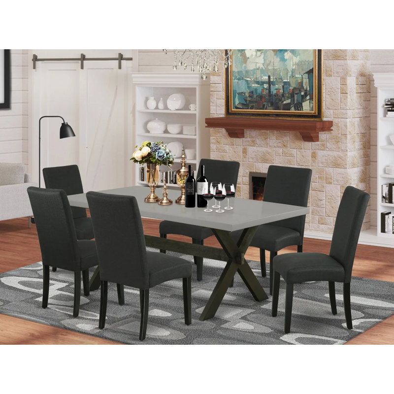 Ensemble de table de salle à manger 7 pièces comprenant une table de salle à manger rectangulaire avec pieds en X et 6 chaises Parson rembourrées en tissu de couleur noire, noir brossé