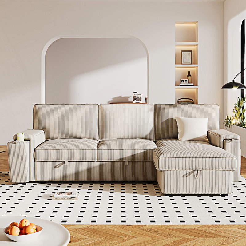 Canapé-lit modulaire Upholstery avec sacs de rangement et 2 porte-gobelets sur les accoudoirs, Beige