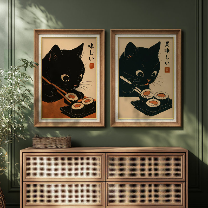 «Playful Black Cat», rétro - ensemble de 2 reproductions d'art encadrées de qualité supérieure sur papier 26 po x 36 po