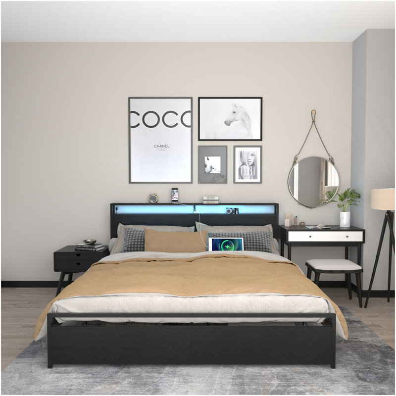 King Bed Frame, Storage Headboard With Charging Station, And Stable, Noise Free, No Box Spring Needed, Easy Assembly, Black