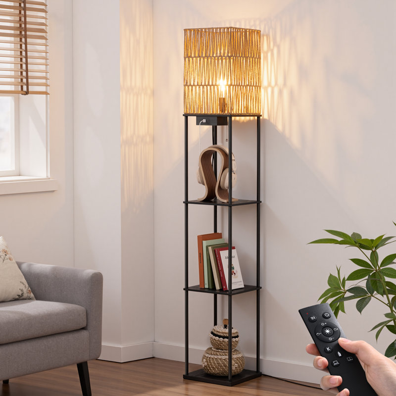 63.8" Rattan Floor Lamp With Shelves And Usb Port
