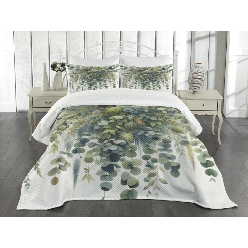 King Blue Botanical Watercolor Quilted Bedspread Set