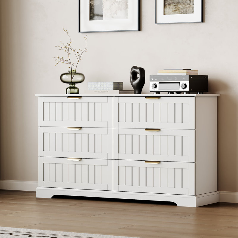 6 Drawers Dresser, 53.15"W Modern Chest of Drawers with Metal Handle, White