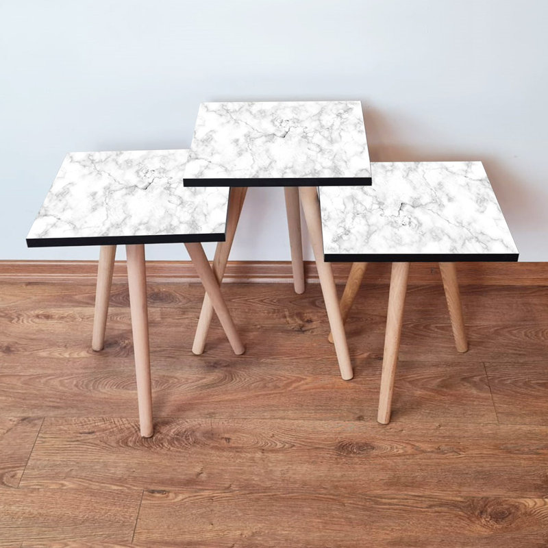 Ensemble de 3 tables gigognes modernes en marbre blanc et gris, 13,8 x 20,5 x 13,8 pouces | 100% panneau de fibres à densité moyenne avec pieds en bois de hêtre | Élégant et fonctionnel pour le salon et le bureau, peu encombrant et élégant