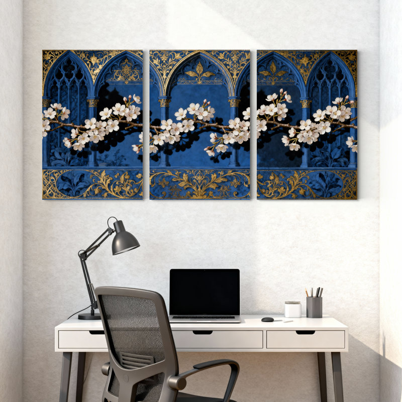 Plantes et fleurs, arche gothique avec fleurs de cerisier, ensemble de 3 impressions sur toile, H 18 po x l 12 po
