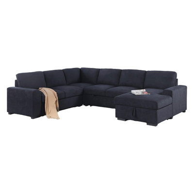 Leni 118 Inch Sleeper Sectional Sofa With Right Facing Chaise, Gray Woven