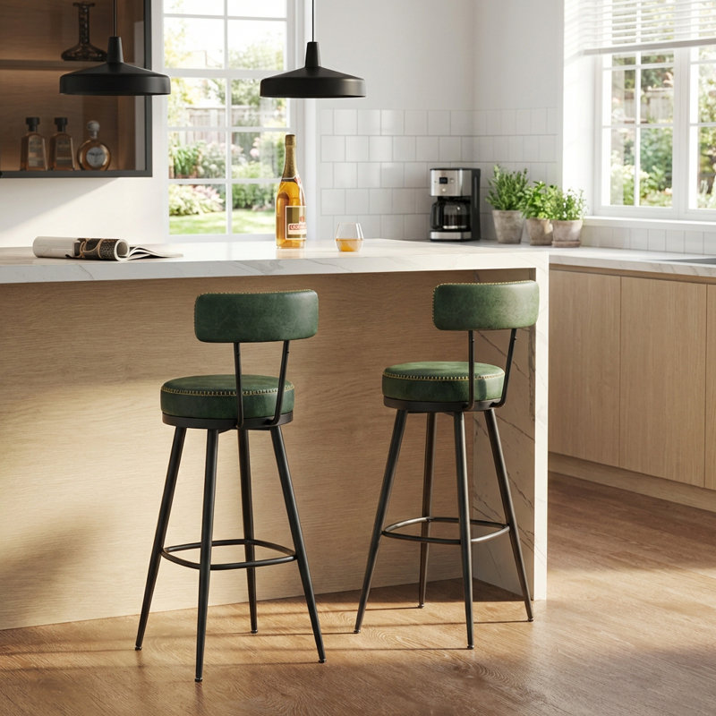 Angelleah Stools with Back, Synthetic Leather, Green, Bar Stool (30" Seat Height)