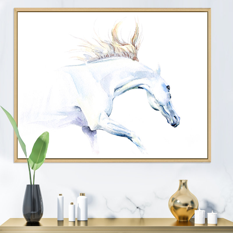 Cheval blanc - peinture sur toile, Cadre flottant en érable, H 12 po x l 20 po