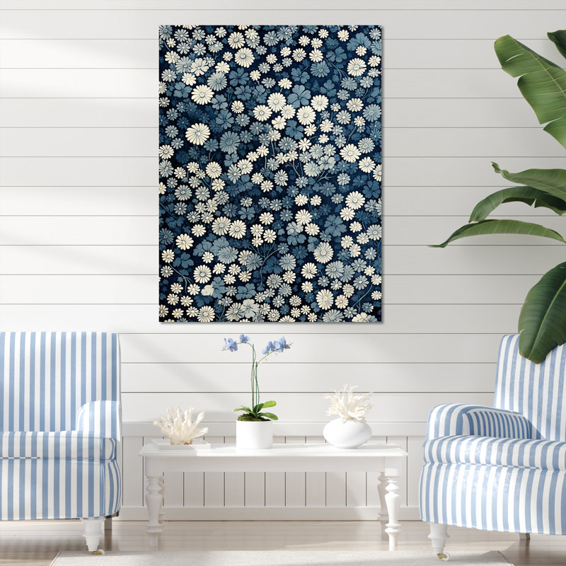 «Blue and White Moonlit Geometric River - Coastal Minimalisme», art mural, Toile tendue, H 32 po x l 16 po x P 1 po