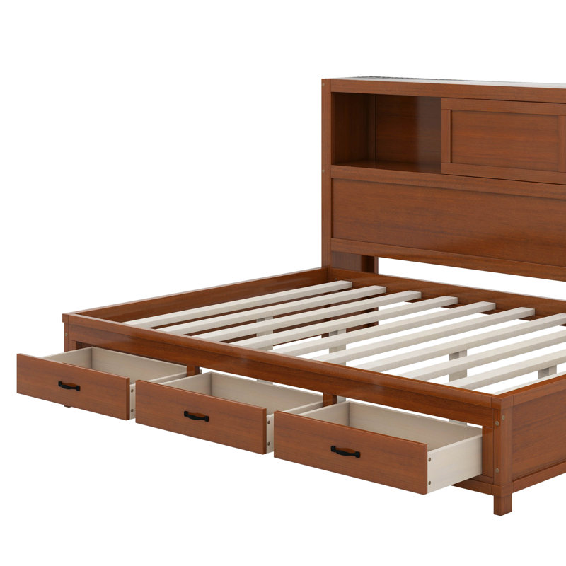 Wooden Daybed With Drawers, Shelf And USB Ports, Walnut, Full