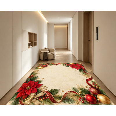 Festive Christmas Machine Washable Area Rug with Non‑Slip Backing, Red Gold Poinsettia Ornament Pattern Floor Carpet, Cozy Indoor Home Decor for Living Room, Bedroom, Kitchen, Balcony, Entryway
