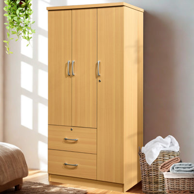 3-Door Freestanding Armoire Closet with Hanging Rod, 3-Shelves, 2-Drawers, Locking Top drawer and Cabinet Door - Bedroom Wardrobe Storage, by L