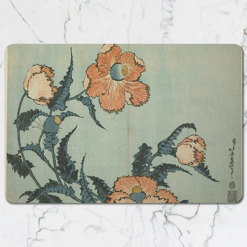 Floral Poppies Placemats And Coaster Set With Vintage Blue Background