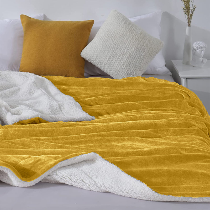 Sherpa Fleece Fur Thick Reversible Blanket Throw, 240cm x 200cm, Yellow