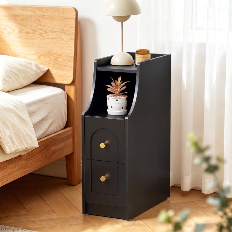 Table de bout étroite avec 2 tiroirs et rangement ouvert, Black