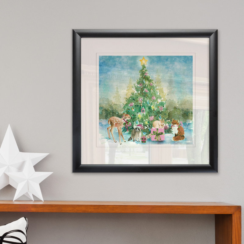 « forestières de noël », peinture, H 17,5 po x l 17,5 po x P 1,5 po, Blanc / aubergine / banane / brun clair / rouge br