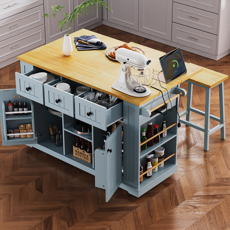 53-Inch Large Kitchen Island with Drop Leaf, Power Outlet, and Ample Storage, Rolling on 5 Wheels, Grey Blue